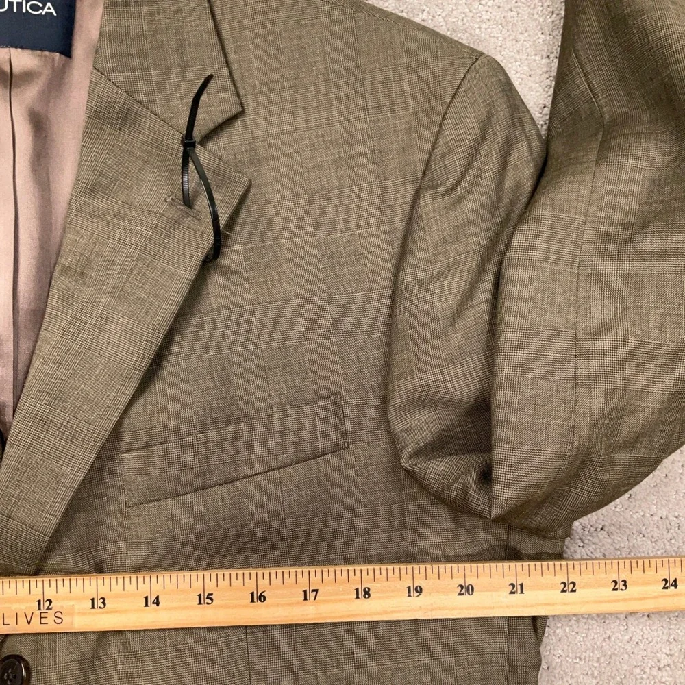 Nautica Suit Men 43R W37 Olive Brown Glen Plaid 3-Button Wool  Unhemmed